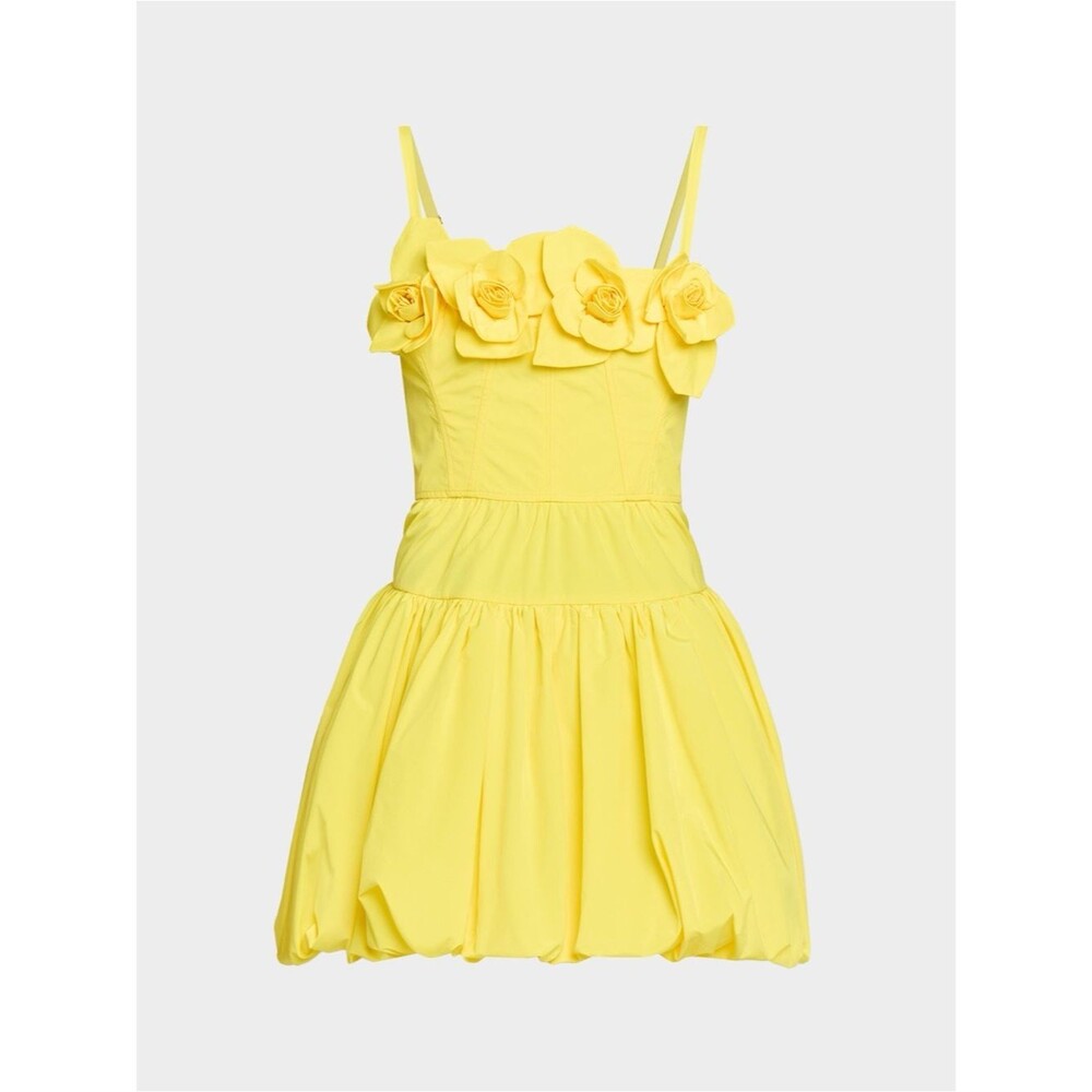 🆕 Aknvas Sunny Yellow Floral-Applique Poplin Mini Party cocktail Dress, US2